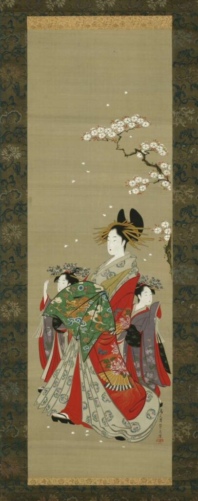 Ukiyo-e: Chobunsai Eishi (Japanese, 1756 - 1829), Three types of beauties in Edo, set of three, 110.8 cm x W. 35.6 cm, 1770-1829
